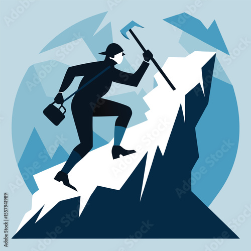 Climber ascending a mountain peak with pickaxe exploring the challenges of the climb