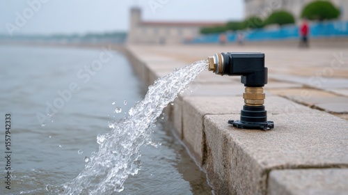 5G in agriculture, A black water faucet mounted on a concrete ledge actively pouring water into a body of water near a riverside or waterfront.