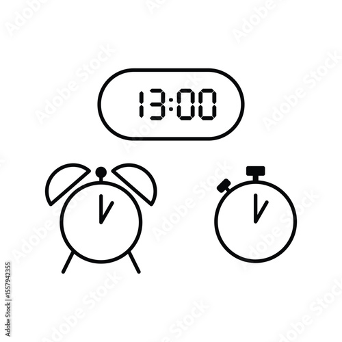 Simple vector illustration of 13 o'clock, timer and 13 o'clock alarm