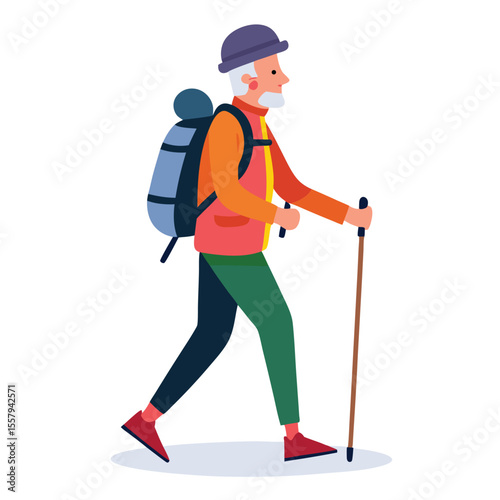 Elderly hiker with backpack and hiking stick hiking outdoors on a clear day