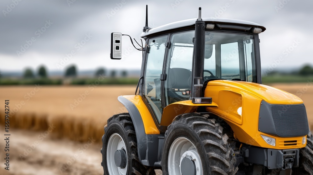 Obraz premium 5G in agriculture, A yellow tractor is parked in a field with harvested crops under a cloudy sky.