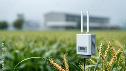 5G in agriculture, A wireless sensor device with two antennas is installed in a wheat field, likely for monitoring crop or environmental conditions.