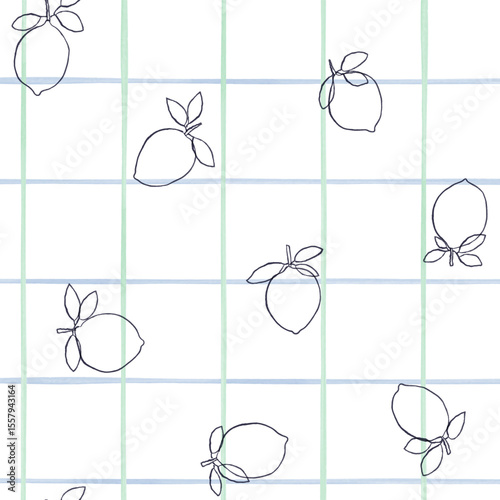 Hand drawing summer lemon check pattern