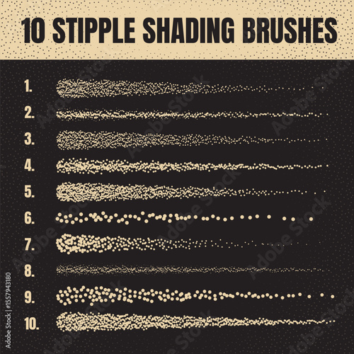 Ink scatter brush, stipple drawing and texturing. Fading gradient. Stippling, dotwork drawing, shading using dots. Halftone disintegration effect. White noise grainy texture. Vector illustration