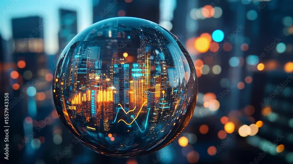 Crystal ball reflects a futuristic cityscape with glowing lights and digital charts, creating a mesmerizing image of innovation and technological advancement