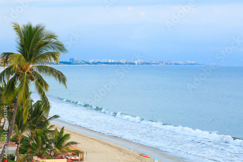 Mexico, Nayarit State, Bucerias. Palm trees and beach looking Southeast to resort hotels in Puerto Vallarta.
