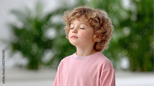 Mindfulness for children and art, A young curly-haired child in a pink sweater peacefully meditates with closed eyes in a calm, natural setting.