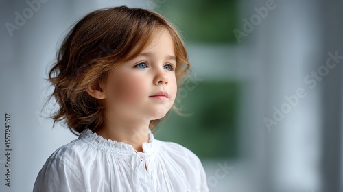 Mindfulness for children and art, A young child with wavy brown hair and striking blue eyes gazes thoughtfully into the distance, wearing a white blouse.