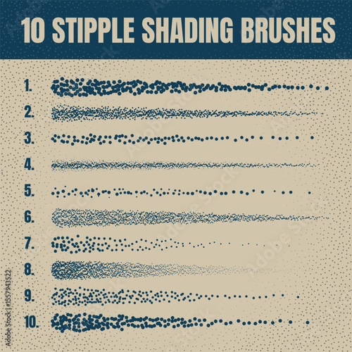 Ink scatter brush, stipple drawing and texturing. Fading gradient. Stippling, dotwork drawing, shading using dots. Halftone disintegration effect. White noise grainy texture. Vector illustration