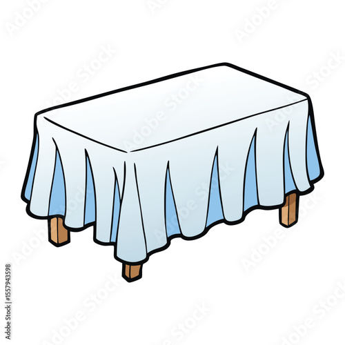 A cozy cartoon table draped with a crisp white cloth, softly flowing over the edges, perfect for a friendly meal or charming tea-time scene.
