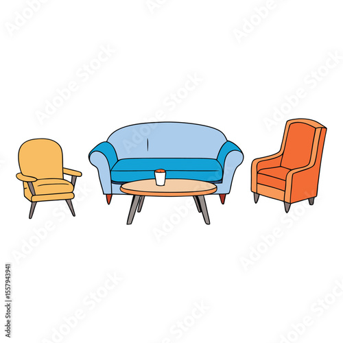 Cozy love seat, plush armchairs, and a sleek coffee table create a warm, inviting space perfect for relaxing, chatting, or enjoying a cup of coffee together.
