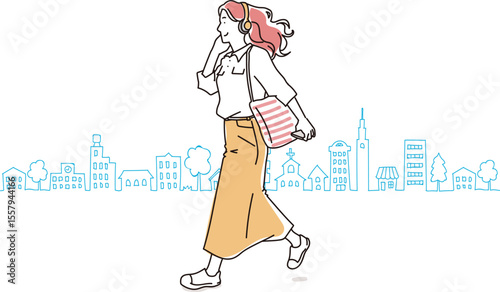 音楽を聴きながら歩く女性のラフな人物イラスト