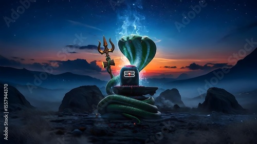 Shiva Lingam with Trishul and snake .Hindu mythology Religious Art Concept , Devotional Hindu Theme, Shiva Lingam Spiritual Worship,Hindu Mythology Religion and Faith concept,Hindu Sacred divine Worsh