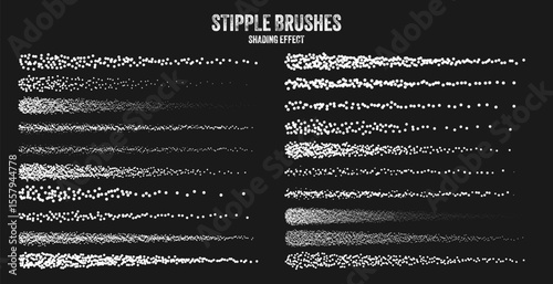 Ink scatter brush, stipple drawing and texturing. Fading gradient. Stippling, dotwork drawing, shading using dots. Halftone disintegration effect. White noise grainy texture. Vector illustration