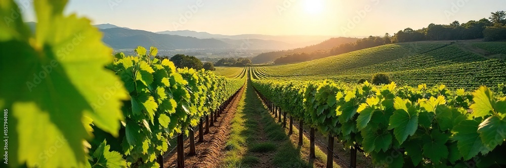 Naklejka premium Sun-Drenched Hillside Vineyard Ready for Harvest Lush Green Grapevines Stretching Across Rolling Hills, Perfect for Wine Country Marketing