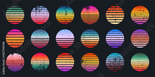 Grunge vintage colorful sunset. Striped gradient sunrise badges in 80s and 90s style. Sun and ocean view, summer vibes, surfing. Design element for print, logo or t-shirt. Vector illustration