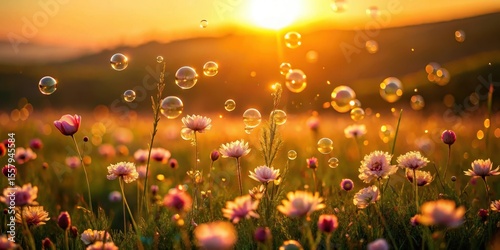 Golden hour serenity ethereal bubbles float gently above a field of delicate wildflowers bathed in the warm glow of a setting sun.