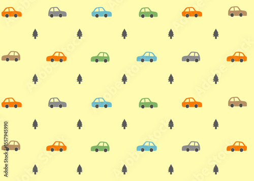 A Car illustration pattern with yellow background, fabric packaging, textile illustration hand drawn print ads, kids wear business. Transportation and travel business