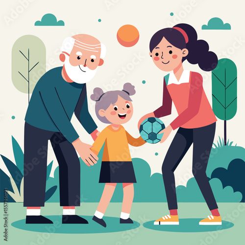 Family playing soccer illustration featuring grandmother mother and child bonding together