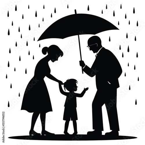 Family protection in the rain simple silhouette illustrating love and togetherness.