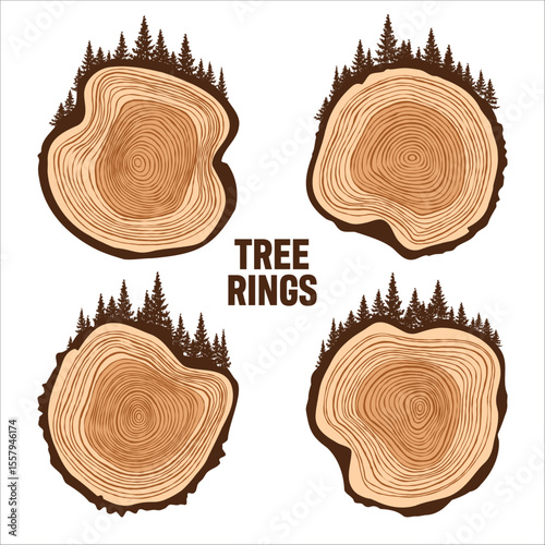 Round tree trunk cuts with trees and forest. Sawn pine or oak slices, lumber. Saw cut timber, wood. Brown wooden texture with tree rings. Hand drawn sketch. Vector illustration