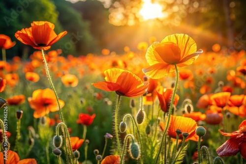 Golden Hour Poppy Meadow Vibrant Blooms Illuminated by the Setting Sun's Rays