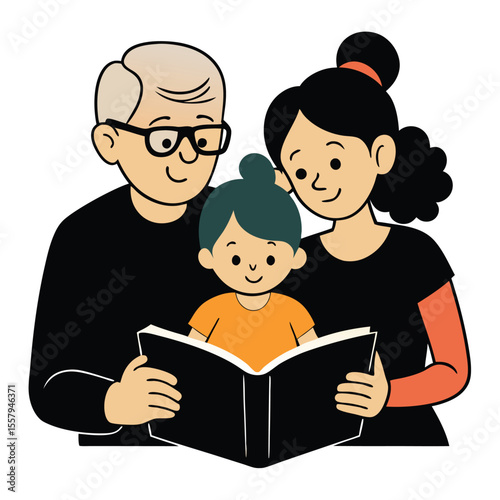 Family reading together enjoying storytime with their young child book illustration