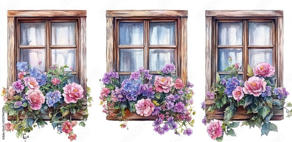 Fototapeta premium Three wooden framed windows each adorned with lush flower boxes overflowing with pink, purple, and blue flowers and green leaves, evoking a serene and charming atmosphere