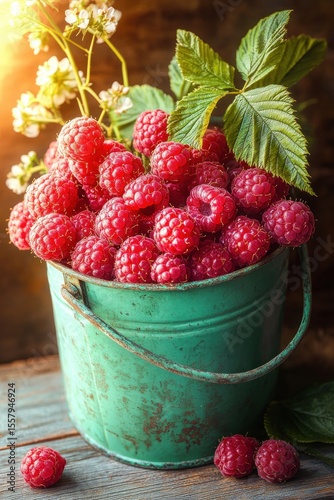 Close-up of fresh red raspberries overflowing a rustic teal metal bucket with green leaves and white blossoms on a wooden surface in warm natural light