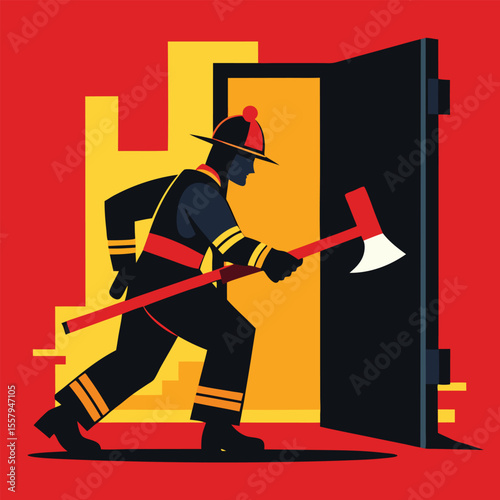 Firefighter entering a building with an axe emergency services and rescue concept
