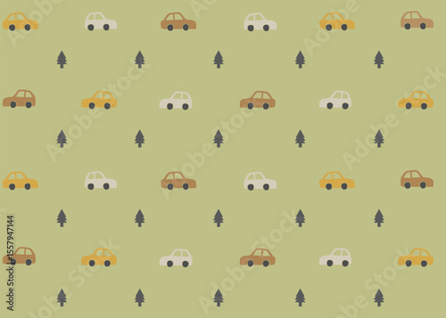 A Car illustration pattern with green background, fabric packaging, textile illustration hand drawn print ads, kids wear business. Transportation and travel business