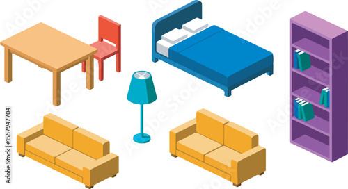 Isometric Illustration of Modern Furniture Set for Home Interior Design