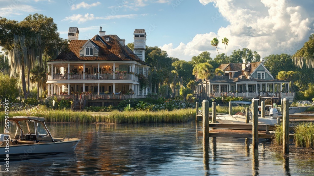 Obraz premium Waterfront Homes With Boats Docked Near Lush Greenery