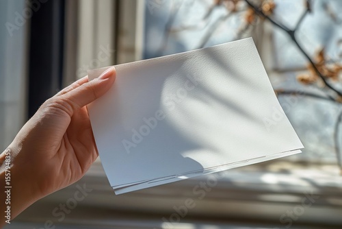 Hand holding blank sheets of white paper near window with soft natural light and tree branch shadows
