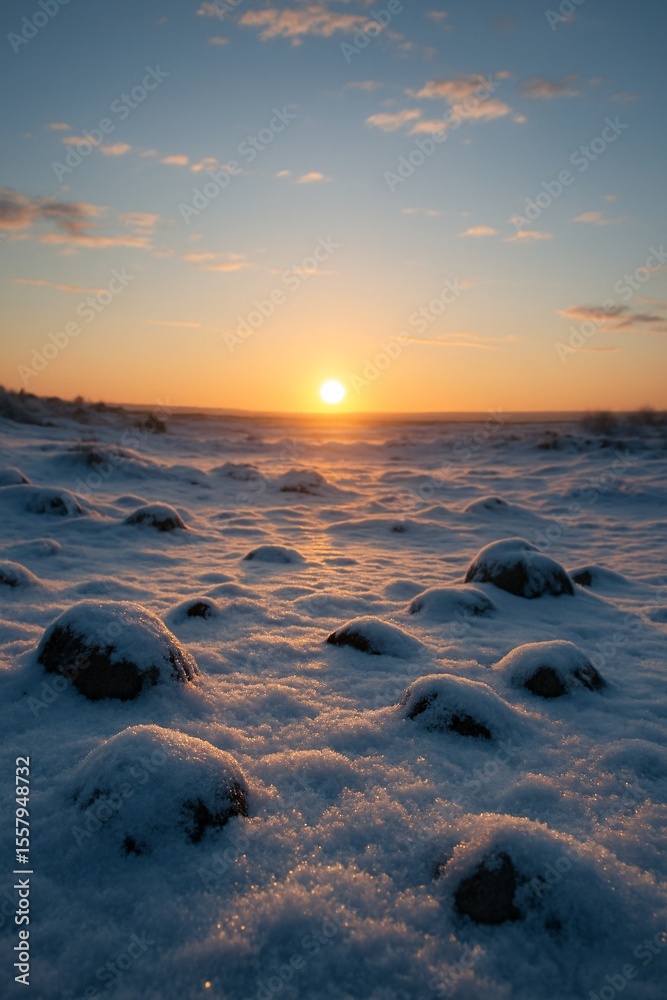 Naklejka premium Peaceful winter sunrise over a snow-covered rocky field with golden light casting long shadows, serene atmosphere ideal for seasonal landscapes and natural backgrounds