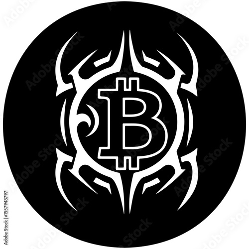 Bitcoin cryptocurrency symbol with tribal tattoo design. Conceptual icon for finance, technology, digital money, blockchain. Vector illustration
