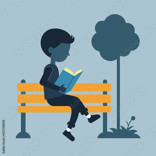 Illustration of a person reading a book on a park bench during leisure time