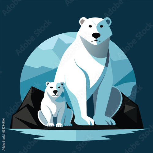 Majestic polar bears and cub in a geometric illustration of arctic wilderness