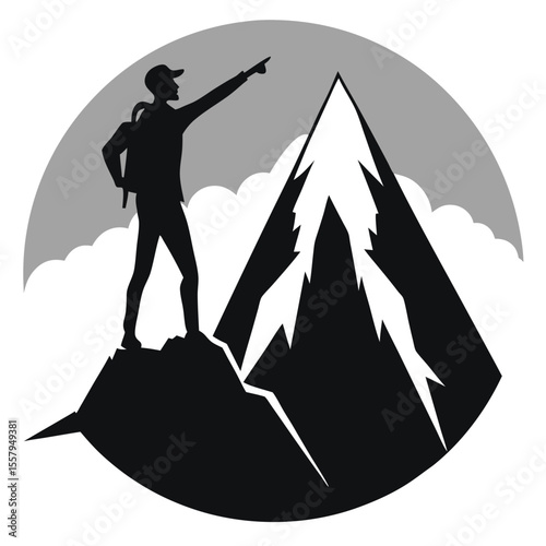Mountain climber silhouetted reaching the summit and pointing towards the horizon