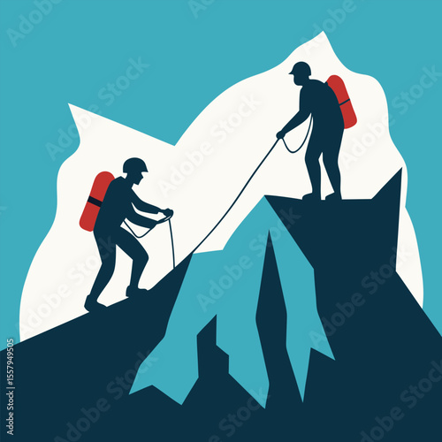 Mountain climbers scaling peaks using ropes and gear illustrating adventure and teamwork