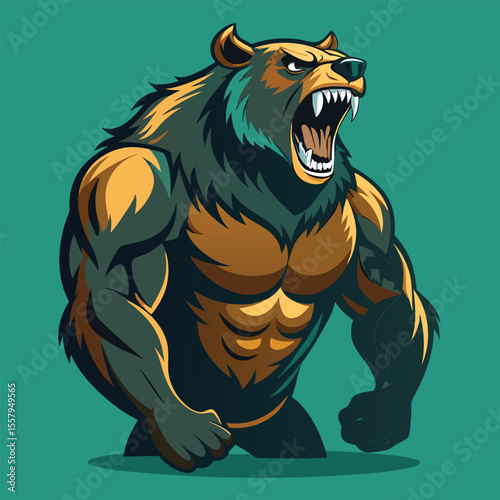 Muscular grizzly bear illustration displaying ferocity and strength against a teal background