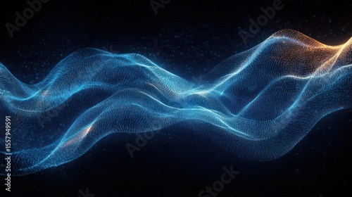 Glowing blue and orange wave of interconnected particles flowing dynamically in dark space, evoking a sense of motion and futuristic technology