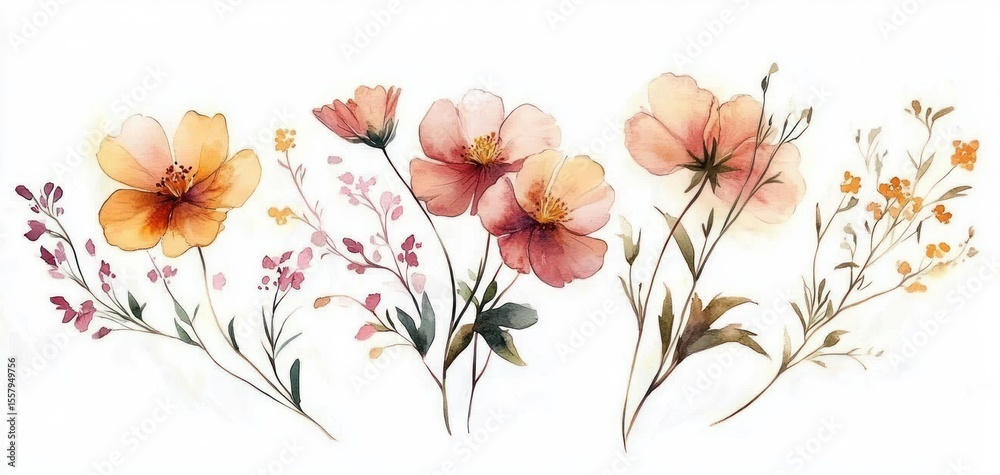 Obraz premium Delicate watercolor painting of soft orange and pink flowers with slender green stems and small floral accents on a white background