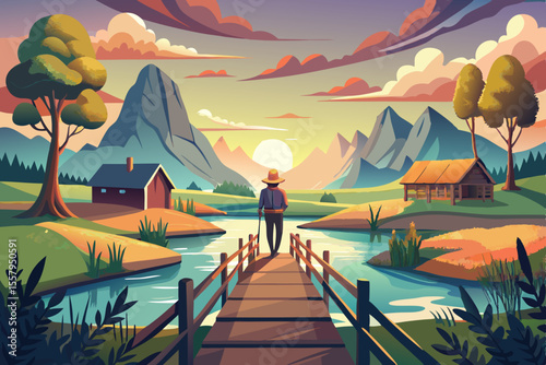 Peaceful Landscape with Figure on Bridge Mountains and Cabins A serene illustration of a person walking on a wooden bridge towards a scenic landscape with