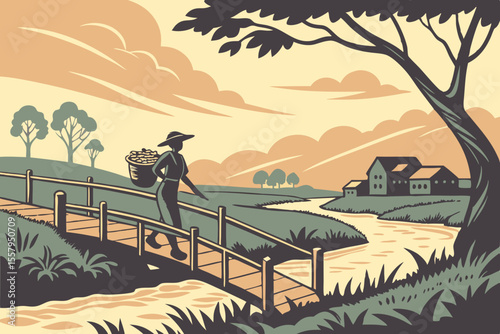 Vintage Inspired Illustration of a Farmer Crossing a Bridge A serene landscape featuring a farmer with a basket crossing a bridge towards a rural house