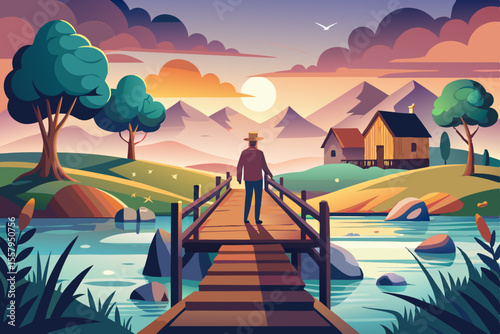 Serene Landscape with Man on Bridge at Sunset Featuring Mountains Houses Trees and Water in a Stylized Colorful and Peaceful Vector Illustration Ideal for Travel