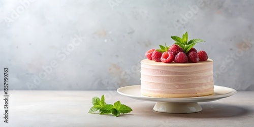 Delicate Pink Layered Cake with Fresh Raspberries and Mint Garnish on Elegant Cake Stand