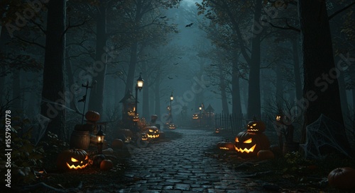 A spooky halloween night scene with pumpkins and trees lining a dark stone pathway and dim streetlights