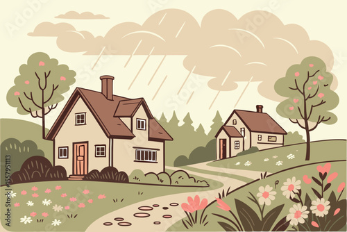 Cozy Countryside Homes in the Rain featuring charming houses lush greenery and a whimsical atmosphere perfect for illustrating rural life or storybook settings with a