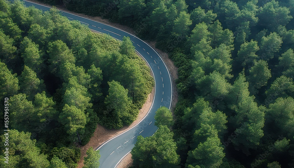 Fototapeta premium A winding road cutting through a dense green pine forest under soft daylight